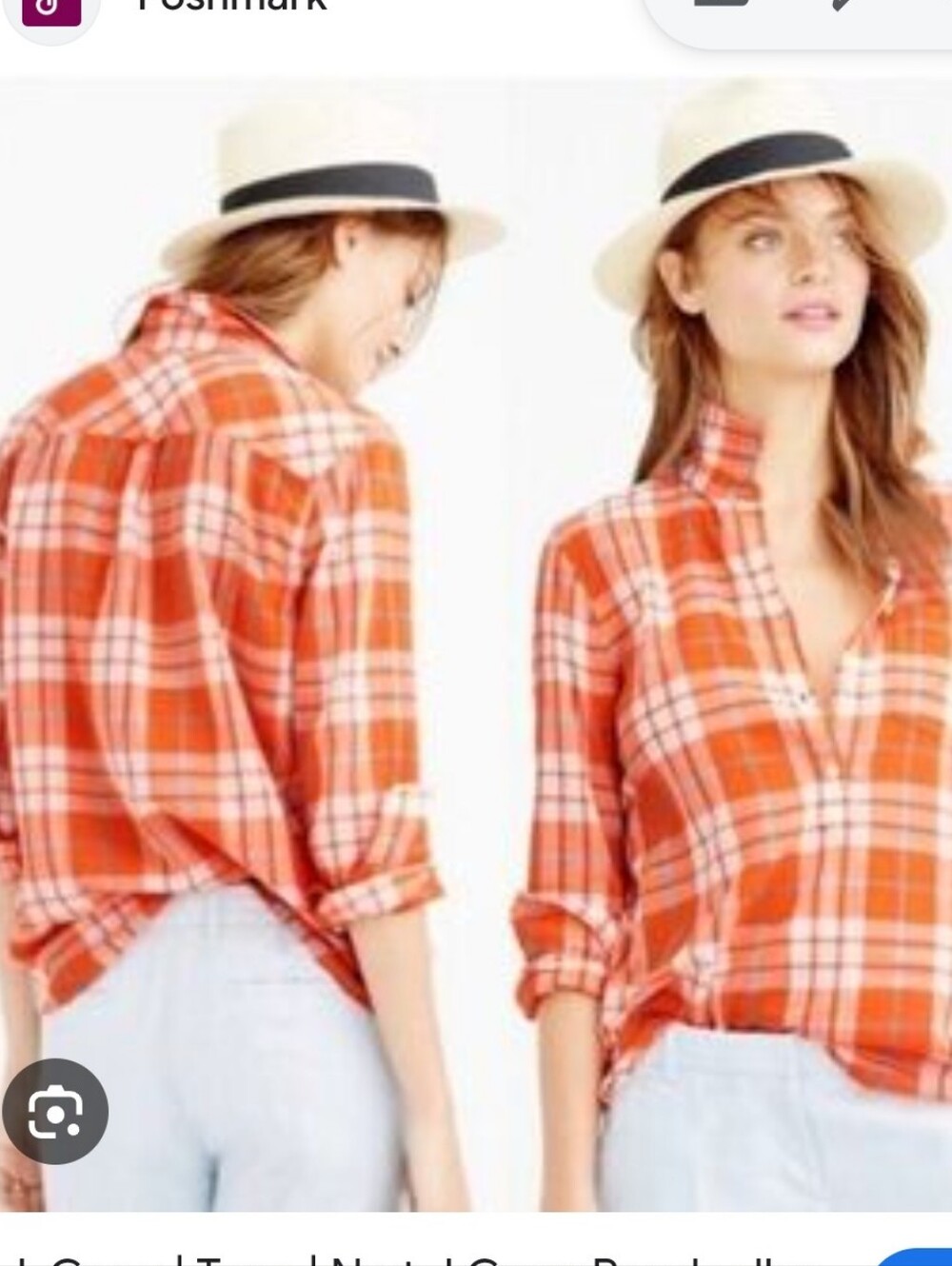 J. Crew Women Long Sleeve Top Tunic Sz10 Orange/White Plaid Pocket